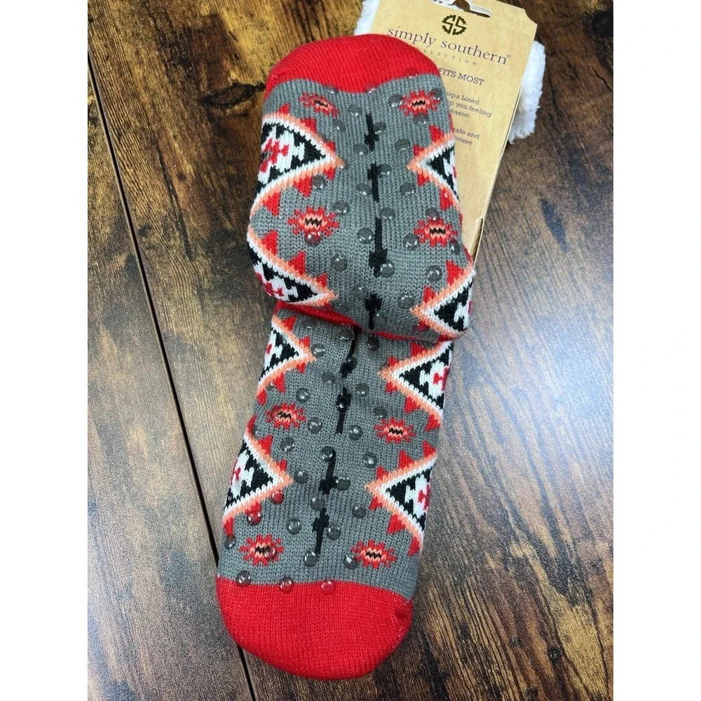 Camper Socks by Simply Southern Knit Sherpa Lined One Size‎ Fits Most Red Gray